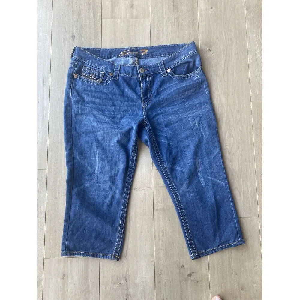 SEVEN 7 Womens Blue Jeans RN#109890 Size 16 5 Pocket  Button Capris Distressed